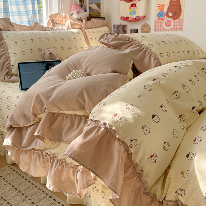 91家纺网 家纺一手货源 找家纺 富米莱（原臻工厂） 2026春夏新款仿棉A类韩系大花边床盖床裙四件套 动物世界