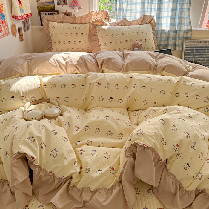 91家纺网 家纺一手货源 找家纺 富米莱（原臻工厂） 2026春夏新款仿棉A类韩系大花边床盖床裙四件套 动物世界