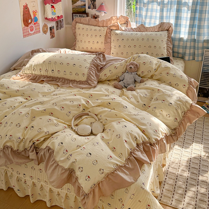 91家纺网 家纺一手货源 找家纺 富米莱（原臻工厂） 2026春夏新款仿棉A类韩系大花边床盖床裙四件套 动物世界