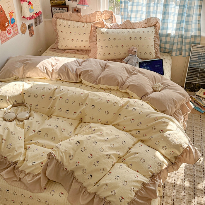91家纺网 家纺一手货源 找家纺 富米莱（原臻工厂） 2026春夏新款仿棉A类韩系大花边床盖床裙四件套 动物世界