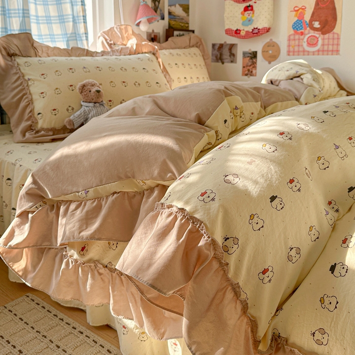 91家纺网 家纺一手货源 找家纺 富米莱（原臻工厂） 2026春夏新款仿棉A类韩系大花边床盖床裙四件套 动物世界