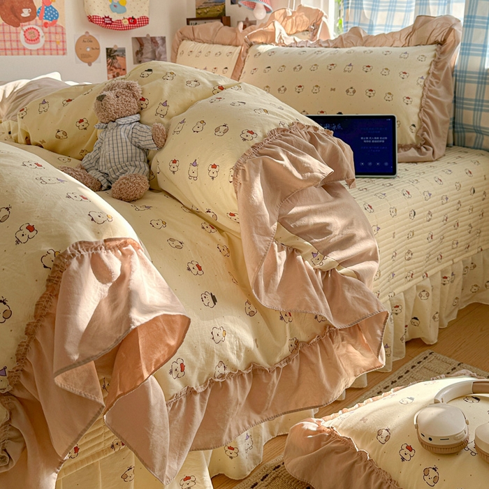 91家纺网 家纺一手货源 找家纺 富米莱（原臻工厂） 2026春夏新款仿棉A类韩系大花边床盖床裙四件套 动物世界