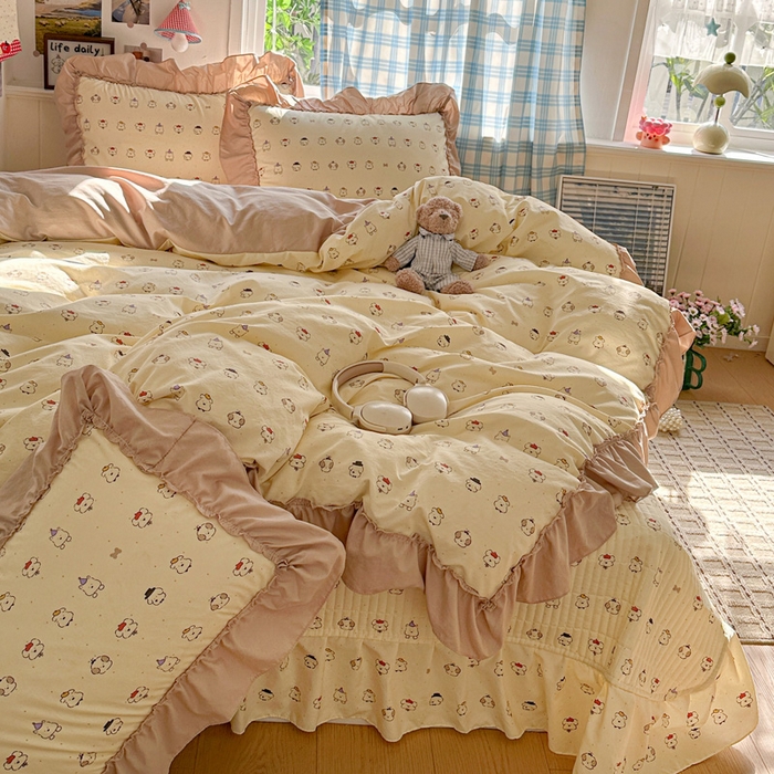 91家纺网 家纺一手货源 找家纺 富米莱（原臻工厂） 2026春夏新款仿棉A类韩系大花边床盖床裙四件套 动物世界