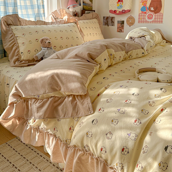 91家纺网 家纺一手货源 找家纺 富米莱（原臻工厂） 2026春夏新款仿棉A类韩系大花边床盖床裙四件套 动物世界