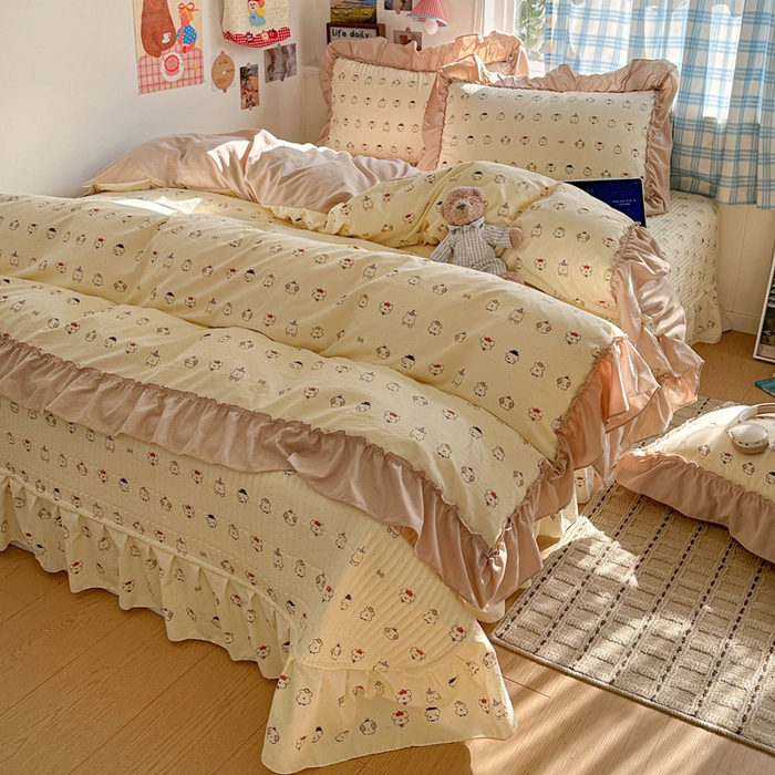 91家纺网 家纺一手货源 找家纺 富米莱（原臻工厂） 2026春夏新款仿棉A类韩系大花边床盖床裙四件套 动物世界