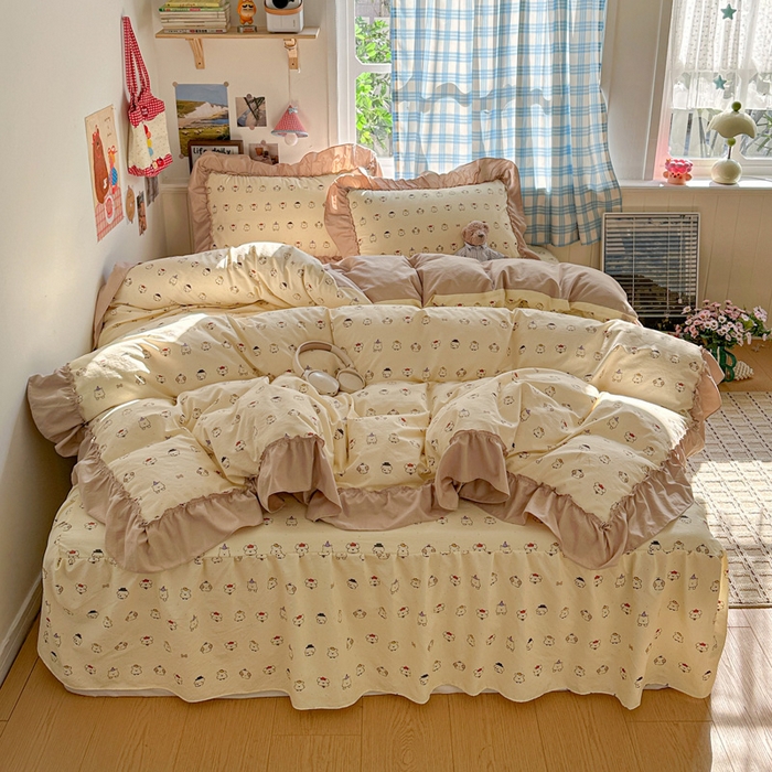 91家纺网 家纺一手货源 找家纺 富米莱（原臻工厂） 2026春夏新款仿棉A类韩系大花边床盖床裙四件套 动物世界