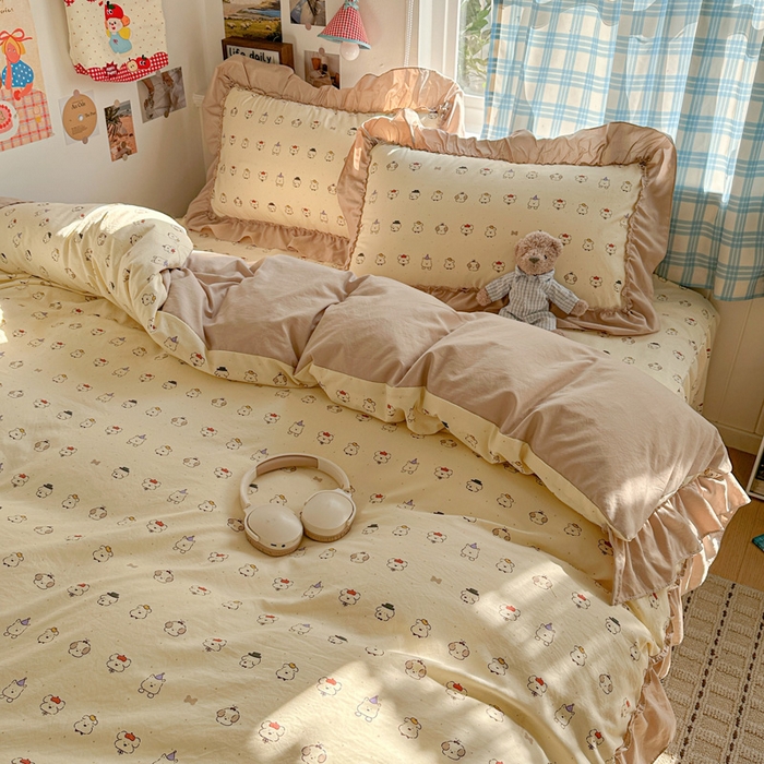 91家纺网 家纺一手货源 找家纺 富米莱（原臻工厂） 2026春夏新款仿棉A类韩系大花边床盖床裙四件套 动物世界