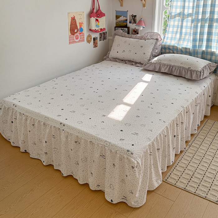 91家纺网 家纺一手货源 找家纺 富米莱（原臻工厂） 2026春夏新款仿棉A类韩系大花边床盖床裙四件套 耳机猫猫