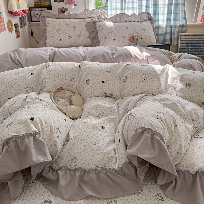 91家纺网 家纺一手货源 找家纺 富米莱（原臻工厂） 2026春夏新款仿棉A类韩系大花边床盖床裙四件套 耳机猫猫