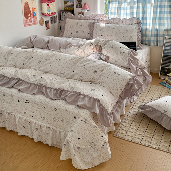 91家纺网 家纺一手货源 找家纺 富米莱（原臻工厂） 2026春夏新款仿棉A类韩系大花边床盖床裙四件套 耳机猫猫