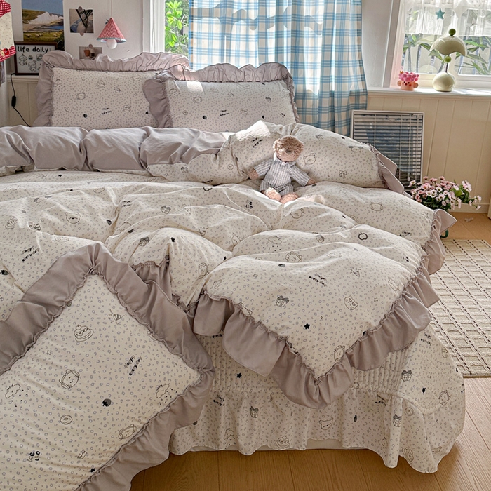 91家纺网 家纺一手货源 找家纺 富米莱（原臻工厂） 2026春夏新款仿棉A类韩系大花边床盖床裙四件套 耳机猫猫