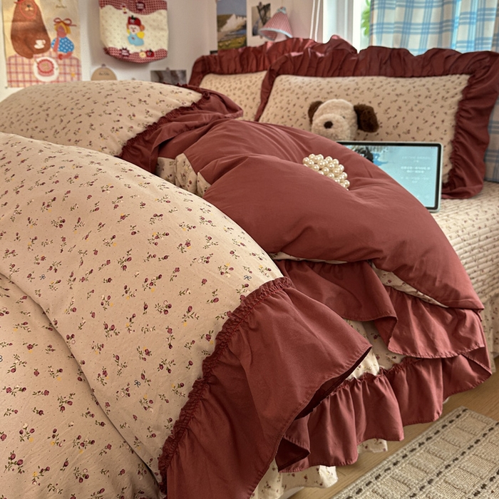 91家纺网 家纺一手货源 找家纺 富米莱（原臻工厂） 2026春夏新款仿棉A类韩系大花边床盖床裙四件套 花影