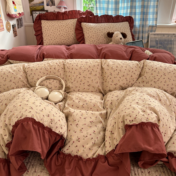 91家纺网 家纺一手货源 找家纺 富米莱（原臻工厂） 2026春夏新款仿棉A类韩系大花边床盖床裙四件套 花影