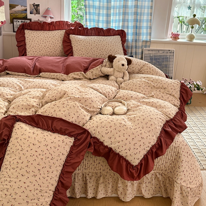 91家纺网 家纺一手货源 找家纺 富米莱（原臻工厂） 2026春夏新款仿棉A类韩系大花边床盖床裙四件套 花影