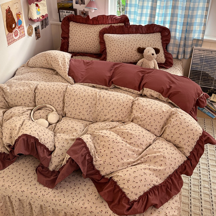 91家纺网 家纺一手货源 找家纺 富米莱（原臻工厂） 2026春夏新款仿棉A类韩系大花边床盖床裙四件套 花影