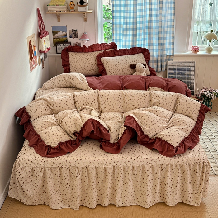 91家纺网 家纺一手货源 找家纺 富米莱（原臻工厂） 2026春夏新款仿棉A类韩系大花边床盖床裙四件套 花影