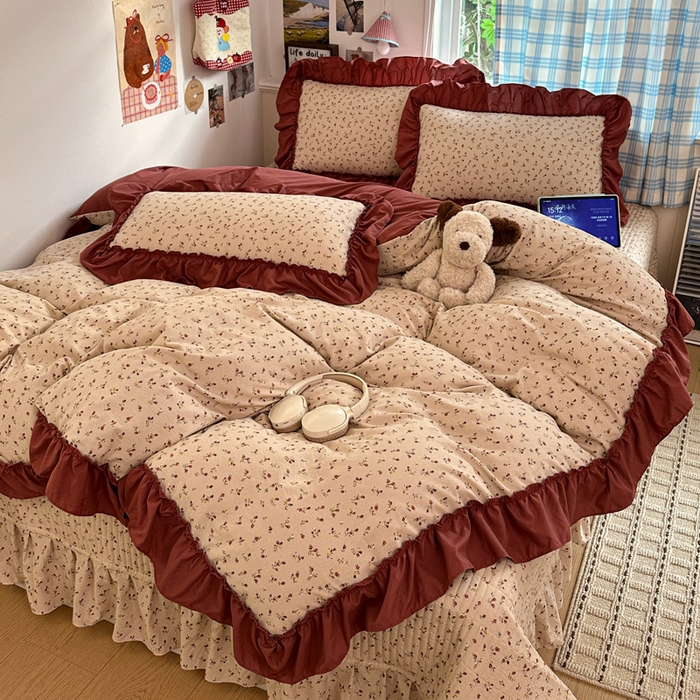 91家纺网 家纺一手货源 找家纺 富米莱（原臻工厂） 2026春夏新款仿棉A类韩系大花边床盖床裙四件套 花影