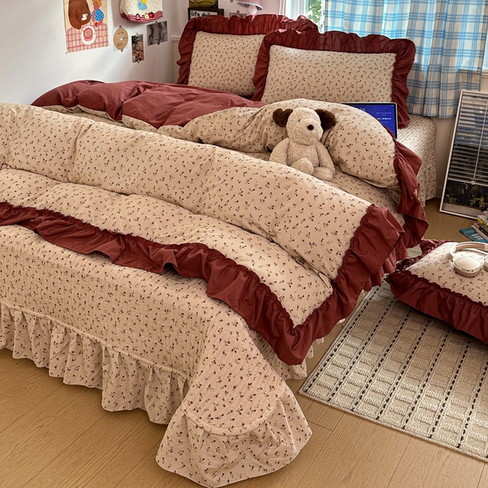 91家纺网 家纺一手货源 找家纺 富米莱（原臻工厂） 2026春夏新款仿棉A类韩系大花边床盖床裙四件套 花影