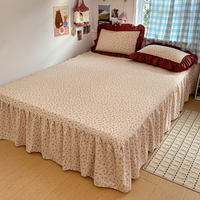 91家纺网 家纺一手货源 找家纺 富米莱（原臻工厂） 2026春夏新款仿棉A类韩系大花边床盖床裙四件套 花影