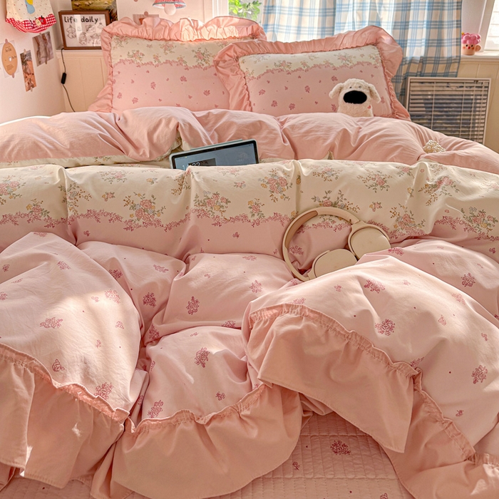 91家纺网 家纺一手货源 找家纺 富米莱（原臻工厂） 2026春夏新款仿棉A类韩系大花边床盖床裙四件套 玫瑰庄园