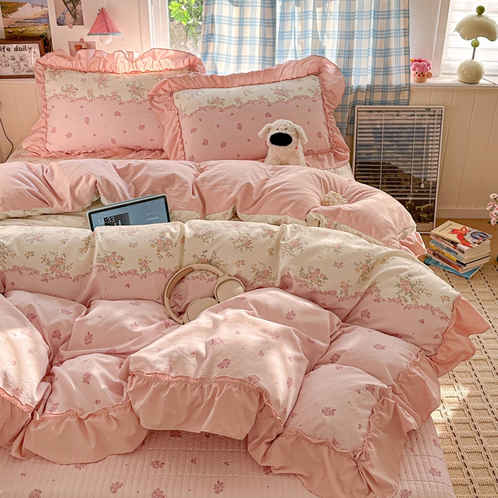 91家纺网 家纺一手货源 找家纺 富米莱（原臻工厂） 2026春夏新款仿棉A类韩系大花边床盖床裙四件套 玫瑰庄园