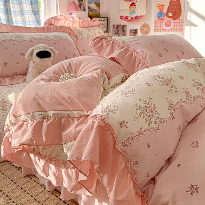 91家纺网 家纺一手货源 找家纺 富米莱（原臻工厂） 2026春夏新款仿棉A类韩系大花边床盖床裙四件套 玫瑰庄园