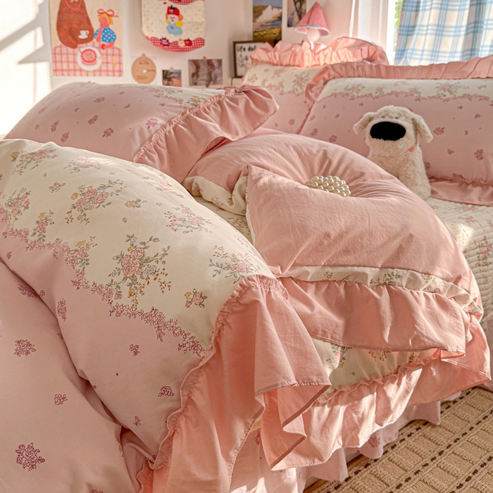 91家纺网 家纺一手货源 找家纺 富米莱（原臻工厂） 2026春夏新款仿棉A类韩系大花边床盖床裙四件套 玫瑰庄园