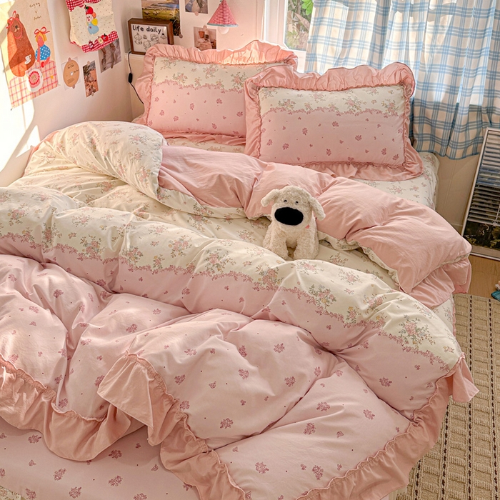 91家纺网 家纺一手货源 找家纺 富米莱（原臻工厂） 2026春夏新款仿棉A类韩系大花边床盖床裙四件套 玫瑰庄园