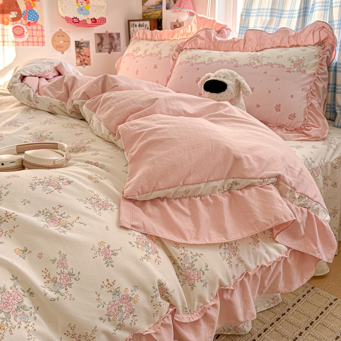 91家纺网 家纺一手货源 找家纺 富米莱（原臻工厂） 2026春夏新款仿棉A类韩系大花边床盖床裙四件套 玫瑰庄园