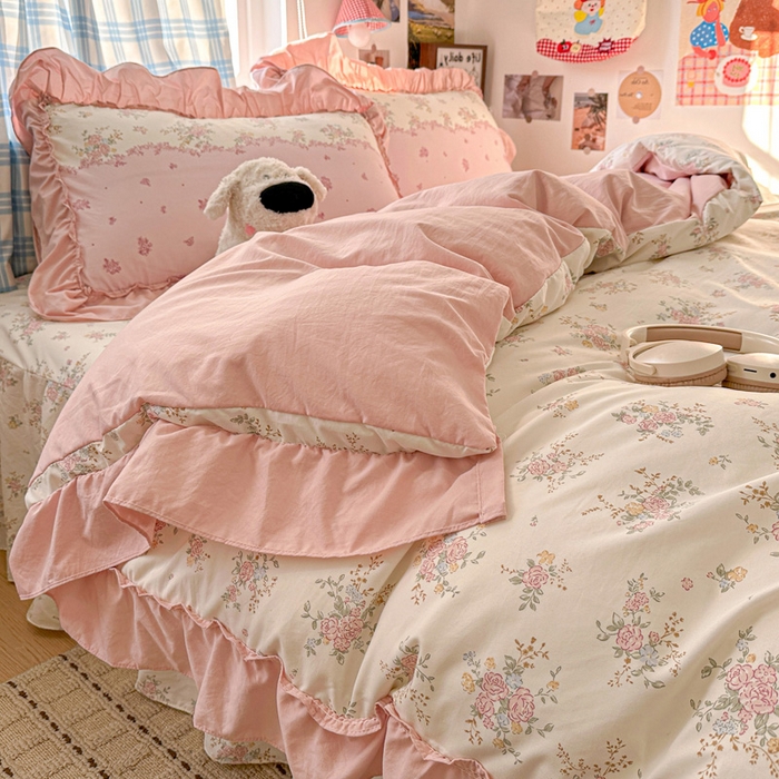 91家纺网 家纺一手货源 找家纺 富米莱（原臻工厂） 2026春夏新款仿棉A类韩系大花边床盖床裙四件套 玫瑰庄园