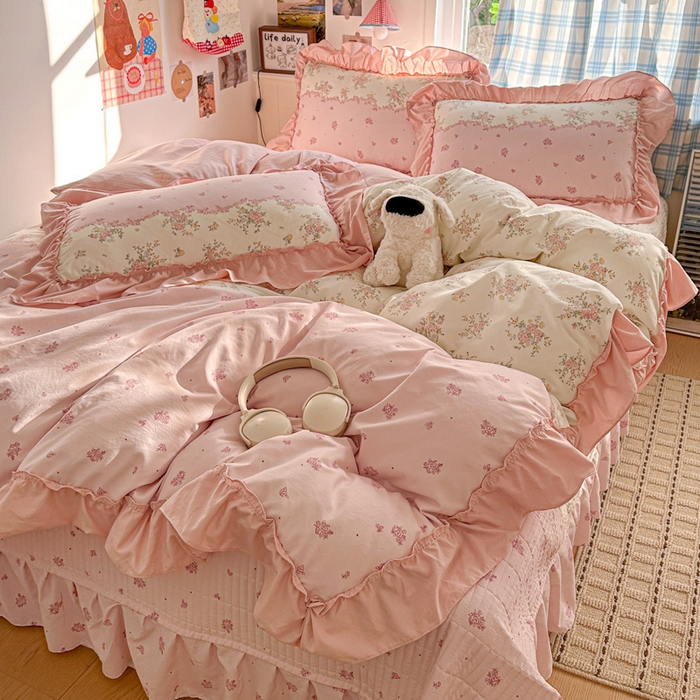 91家纺网 家纺一手货源 找家纺 富米莱（原臻工厂） 2026春夏新款仿棉A类韩系大花边床盖床裙四件套 玫瑰庄园