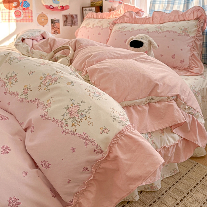 91家纺网 家纺一手货源 找家纺 富米莱（原臻工厂） 2026春夏新款仿棉A类韩系大花边床盖床裙四件套 玫瑰庄园