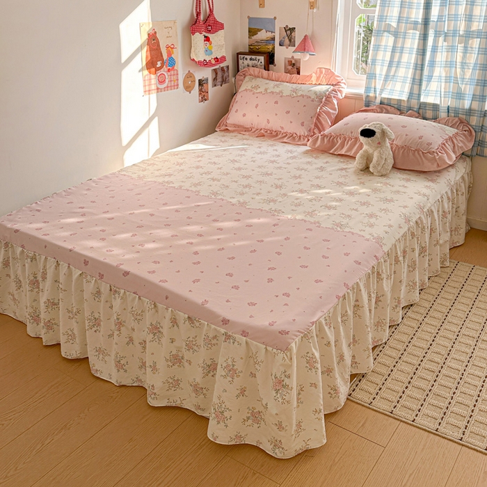 91家纺网 家纺一手货源 找家纺 富米莱（原臻工厂） 2026春夏新款仿棉A类韩系大花边床盖床裙四件套 玫瑰庄园