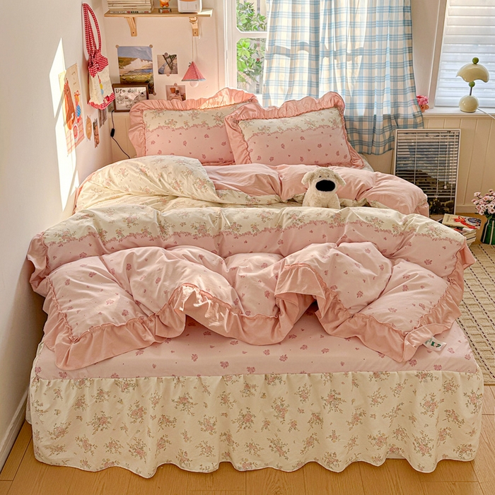 91家纺网 家纺一手货源 找家纺 富米莱（原臻工厂） 2026春夏新款仿棉A类韩系大花边床盖床裙四件套 玫瑰庄园