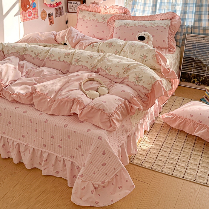 91家纺网 家纺一手货源 找家纺 富米莱（原臻工厂） 2026春夏新款仿棉A类韩系大花边床盖床裙四件套 玫瑰庄园