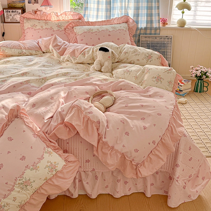 91家纺网 家纺一手货源 找家纺 富米莱（原臻工厂） 2026春夏新款仿棉A类韩系大花边床盖床裙四件套 玫瑰庄园