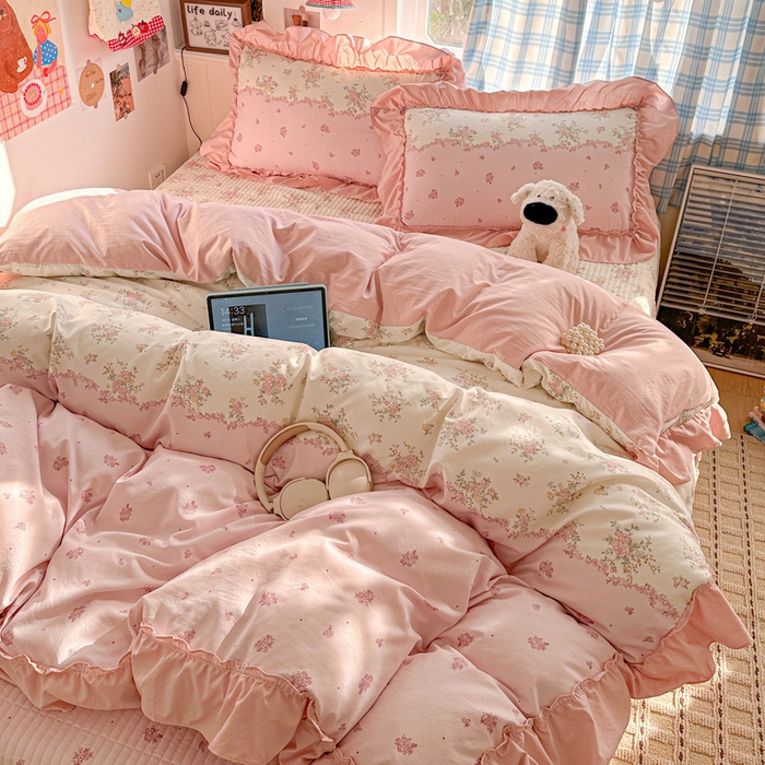 91家纺网 家纺一手货源 找家纺 富米莱（原臻工厂） 2026春夏新款仿棉A类韩系大花边床盖床裙四件套 玫瑰庄园