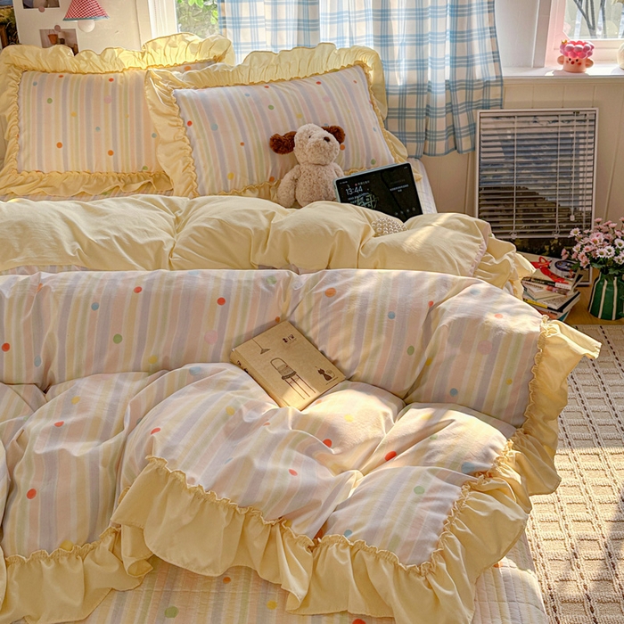 91家纺网 家纺一手货源 找家纺 富米莱（原臻工厂） 2026春夏新款仿棉A类韩系大花边床盖床裙四件套 七彩点点
