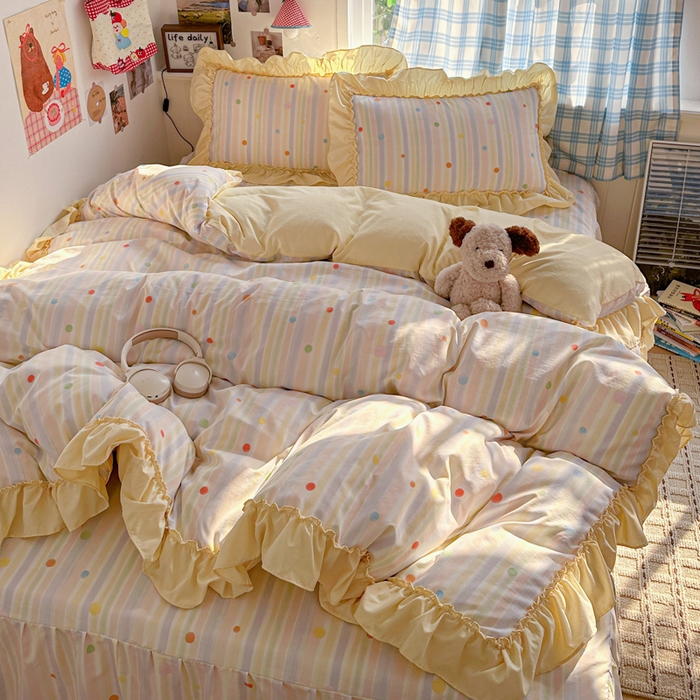 91家纺网 家纺一手货源 找家纺 富米莱（原臻工厂） 2026春夏新款仿棉A类韩系大花边床盖床裙四件套 七彩点点