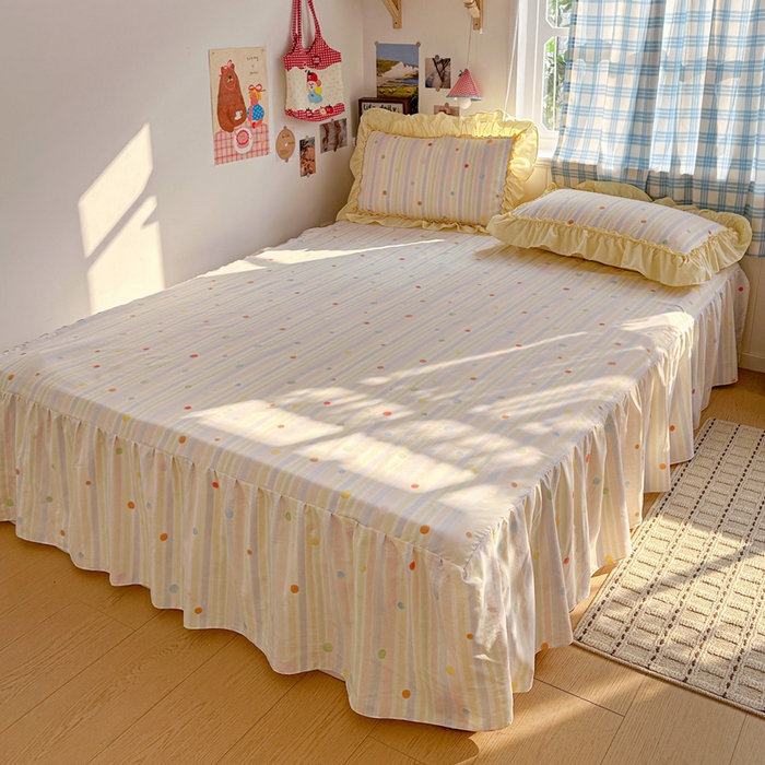 91家纺网 家纺一手货源 找家纺 富米莱（原臻工厂） 2026春夏新款仿棉A类韩系大花边床盖床裙四件套 七彩点点