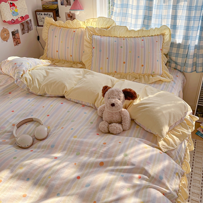 91家纺网 家纺一手货源 找家纺 富米莱（原臻工厂） 2026春夏新款仿棉A类韩系大花边床盖床裙四件套 七彩点点