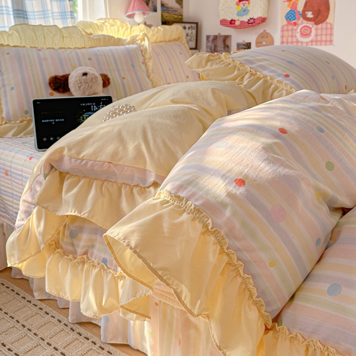 91家纺网 家纺一手货源 找家纺 富米莱（原臻工厂） 2026春夏新款仿棉A类韩系大花边床盖床裙四件套 七彩点点