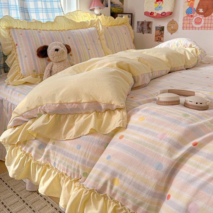 91家纺网 家纺一手货源 找家纺 富米莱（原臻工厂） 2026春夏新款仿棉A类韩系大花边床盖床裙四件套 七彩点点