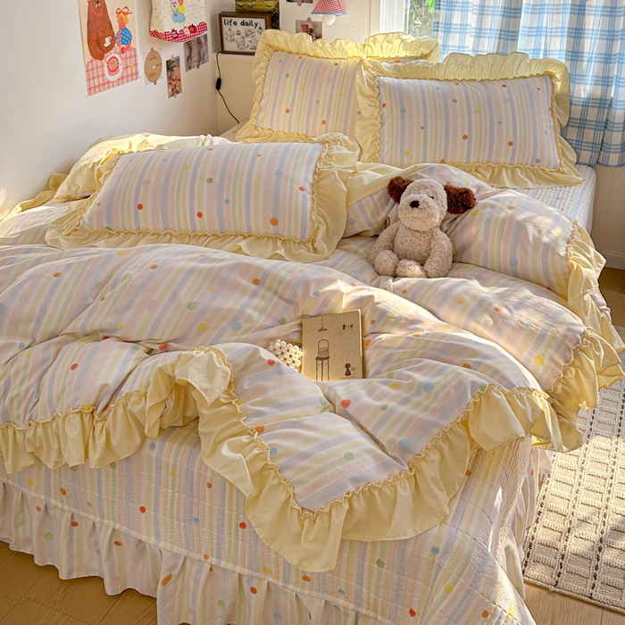 91家纺网 家纺一手货源 找家纺 富米莱（原臻工厂） 2026春夏新款仿棉A类韩系大花边床盖床裙四件套 七彩点点