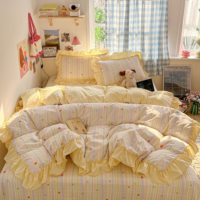 富米莱（原臻工厂） 2026春夏新款仿棉A类韩系大花边床盖床裙四件套 七彩点点