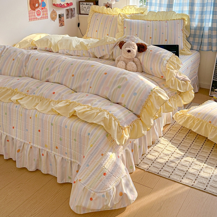 91家纺网 家纺一手货源 找家纺 富米莱（原臻工厂） 2026春夏新款仿棉A类韩系大花边床盖床裙四件套 七彩点点