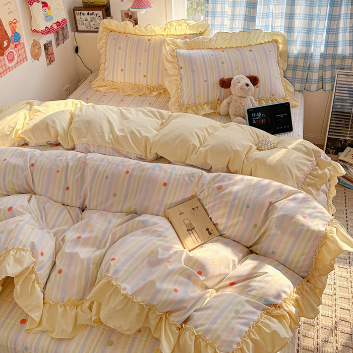 91家纺网 家纺一手货源 找家纺 富米莱（原臻工厂） 2026春夏新款仿棉A类韩系大花边床盖床裙四件套 七彩点点