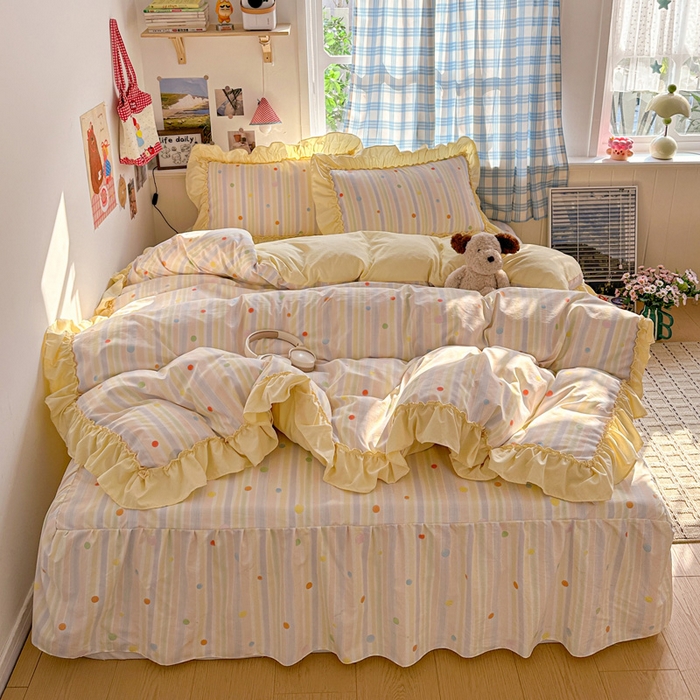 91家纺网 家纺一手货源 找家纺 富米莱（原臻工厂） 2026春夏新款仿棉A类韩系大花边床盖床裙四件套 七彩点点