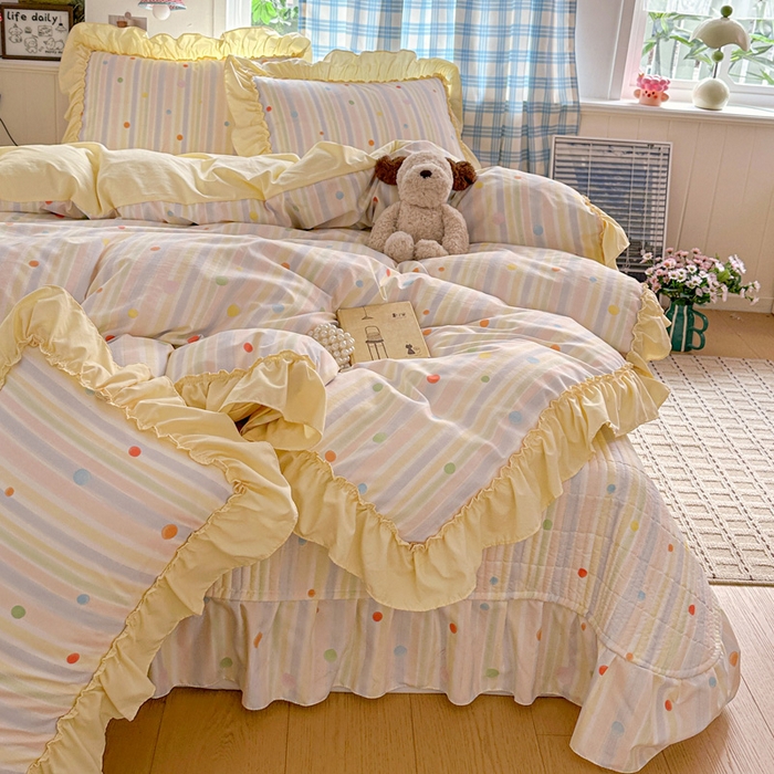 91家纺网 家纺一手货源 找家纺 富米莱（原臻工厂） 2026春夏新款仿棉A类韩系大花边床盖床裙四件套 七彩点点