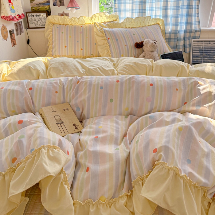 91家纺网 家纺一手货源 找家纺 富米莱（原臻工厂） 2026春夏新款仿棉A类韩系大花边床盖床裙四件套 七彩点点